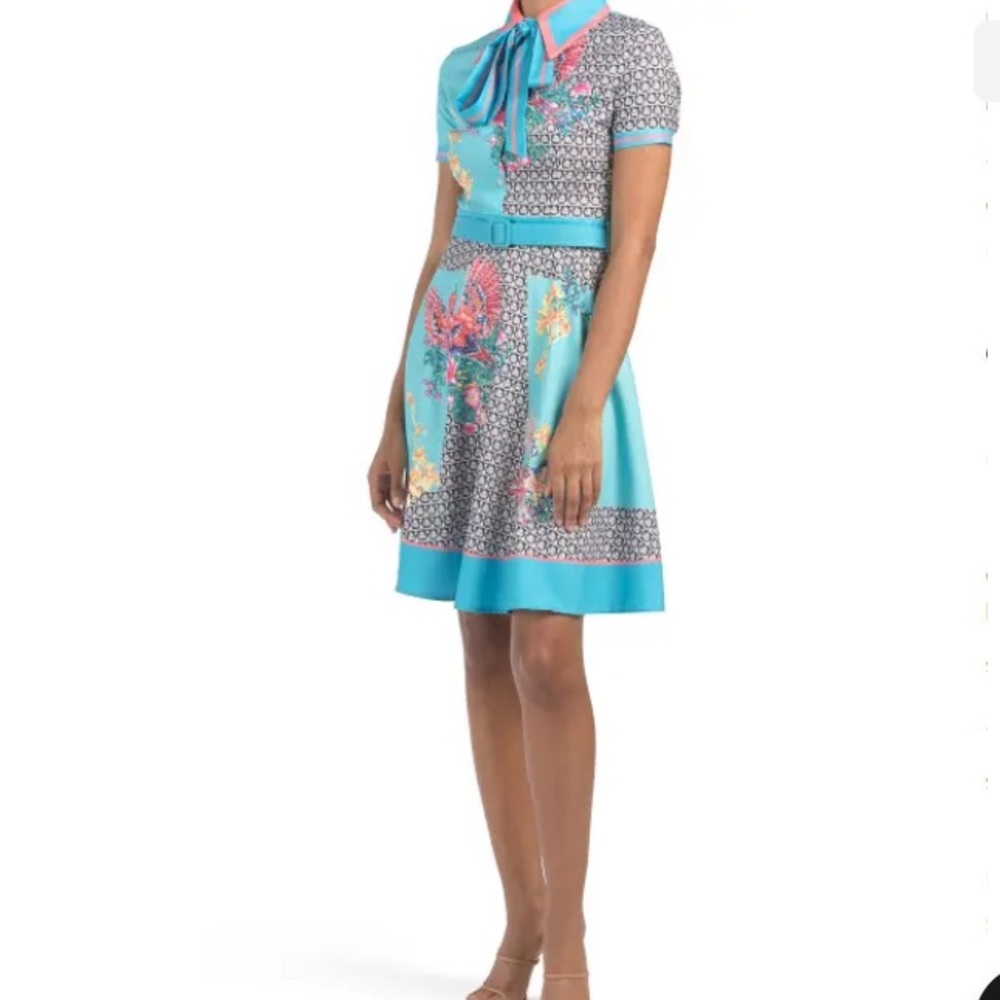 Dalia MacPhee Multicolored Multi-Print Birds Floral Fit & Flare Dress NWT L